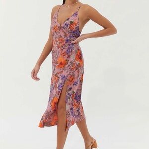 URBAN OUTFITTERS Lily Satin Wrap Midi Dress High Side Slit | Size Small